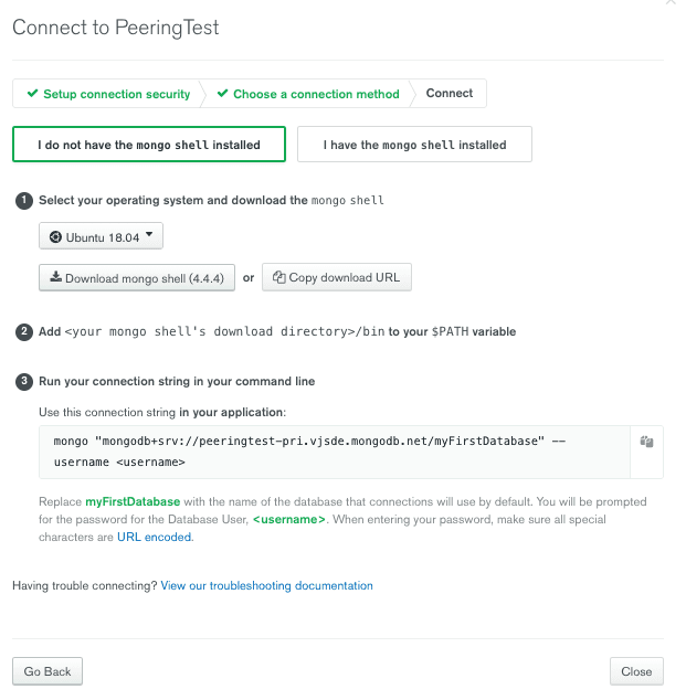 Connect to Peering Test: step 2