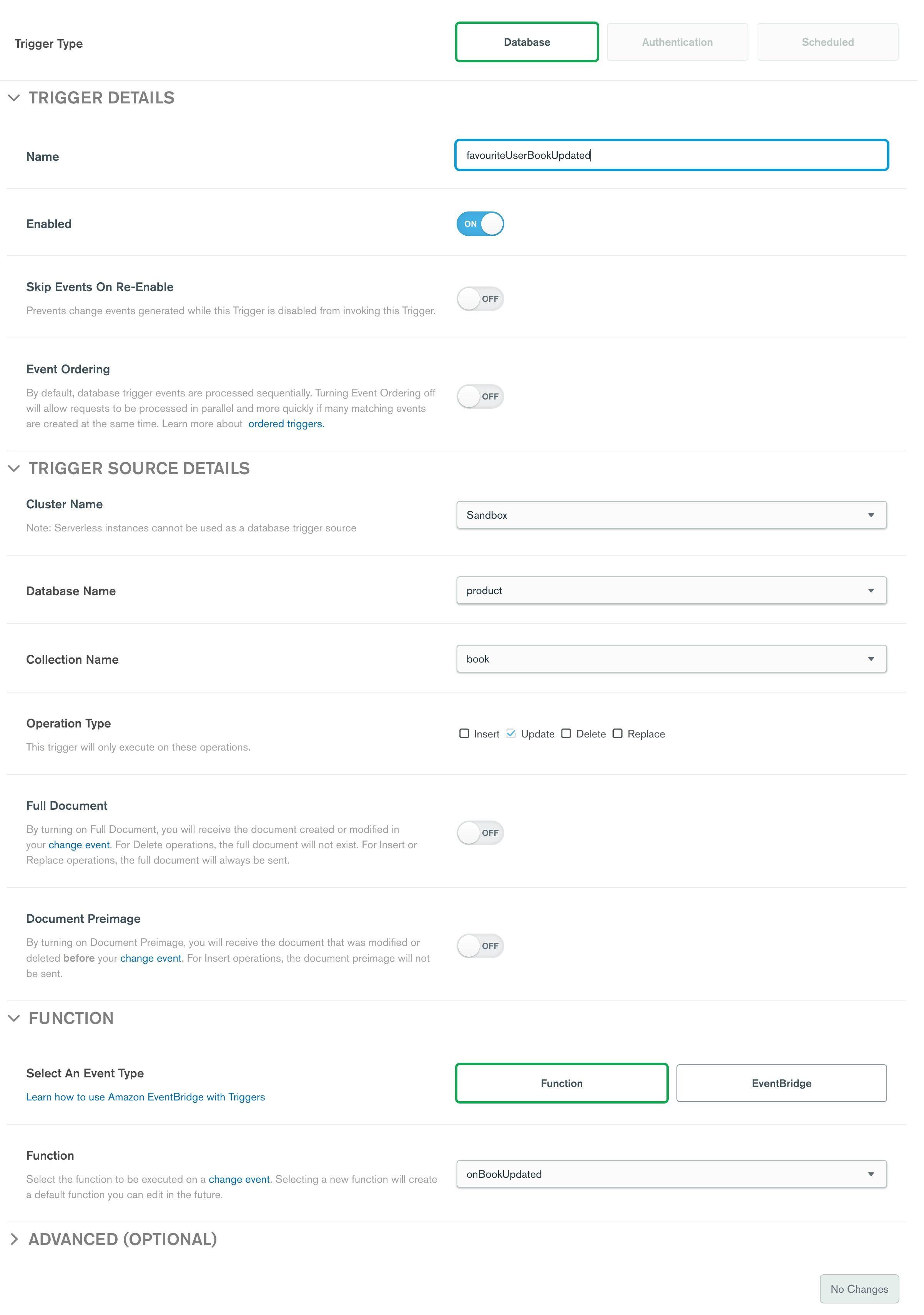 Screenshot of the trigger configuration in the Atlas App Services UI