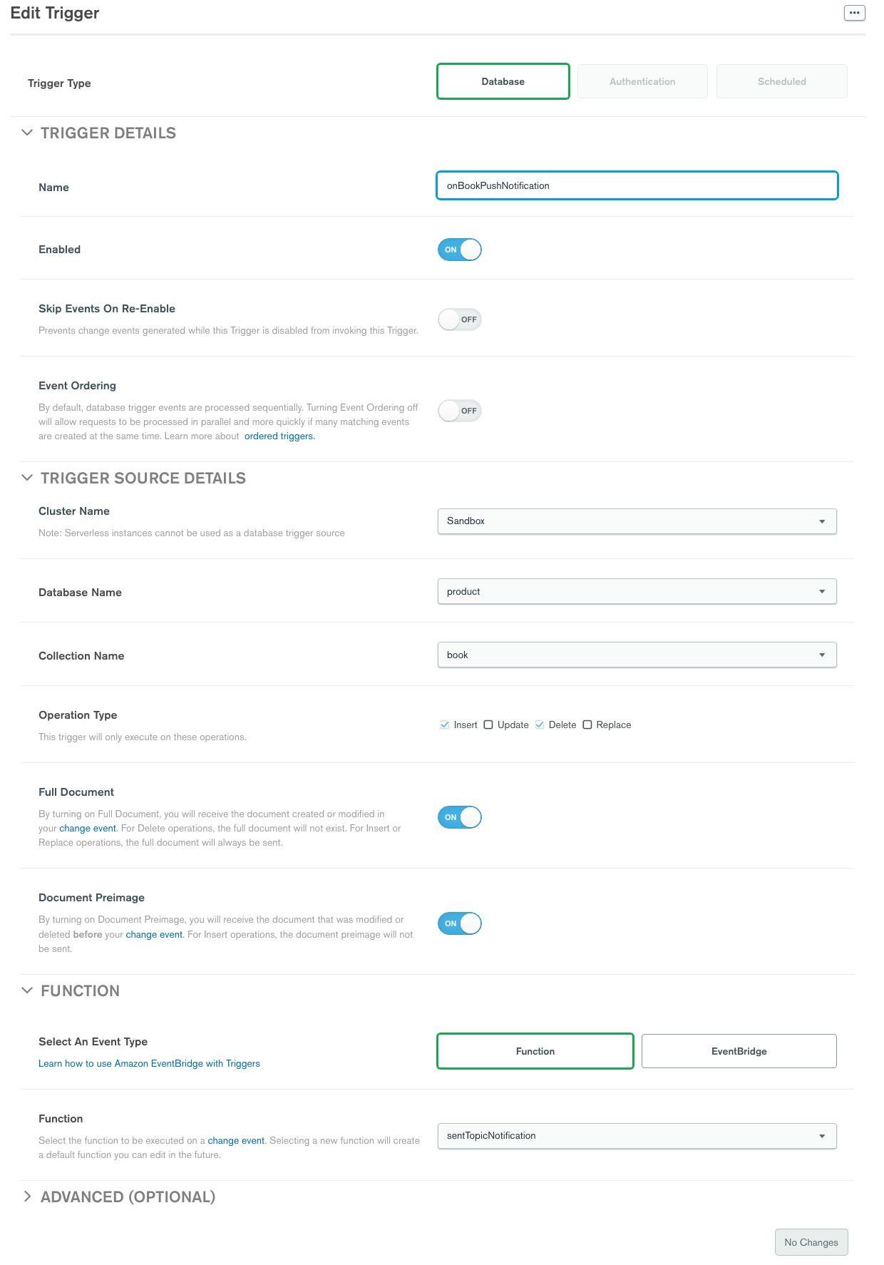 Screenshot of the trigger configuration in the Atlas App Services UI