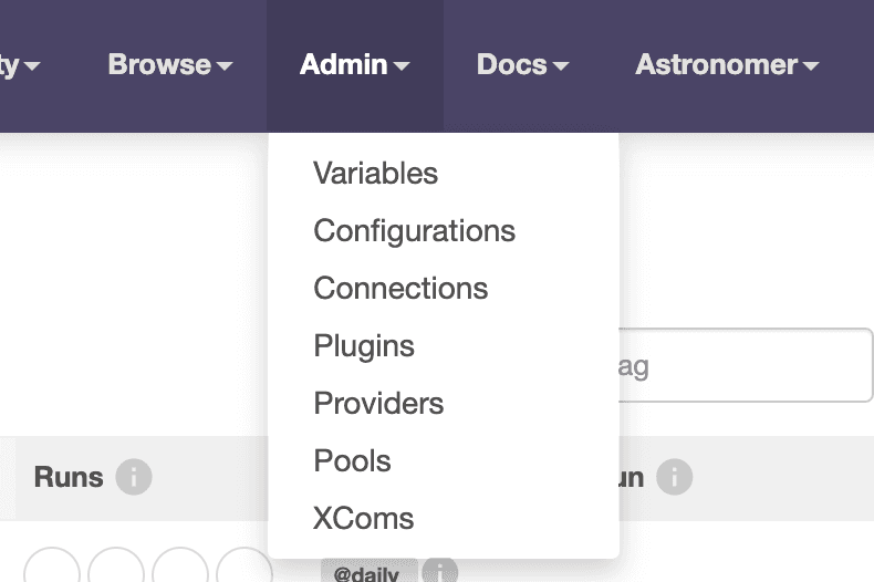 admin menu item drop down list