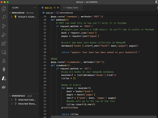 screenshot of app.py and the Azure Resources panel in VSCode