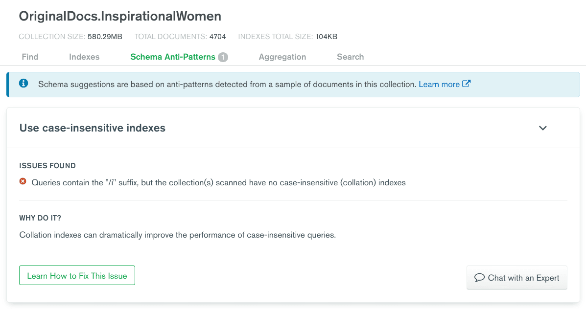 The Schema Anti-Patterns panel in the Atlas Data Explorer shows one issue found: use case-insensitive indexes.