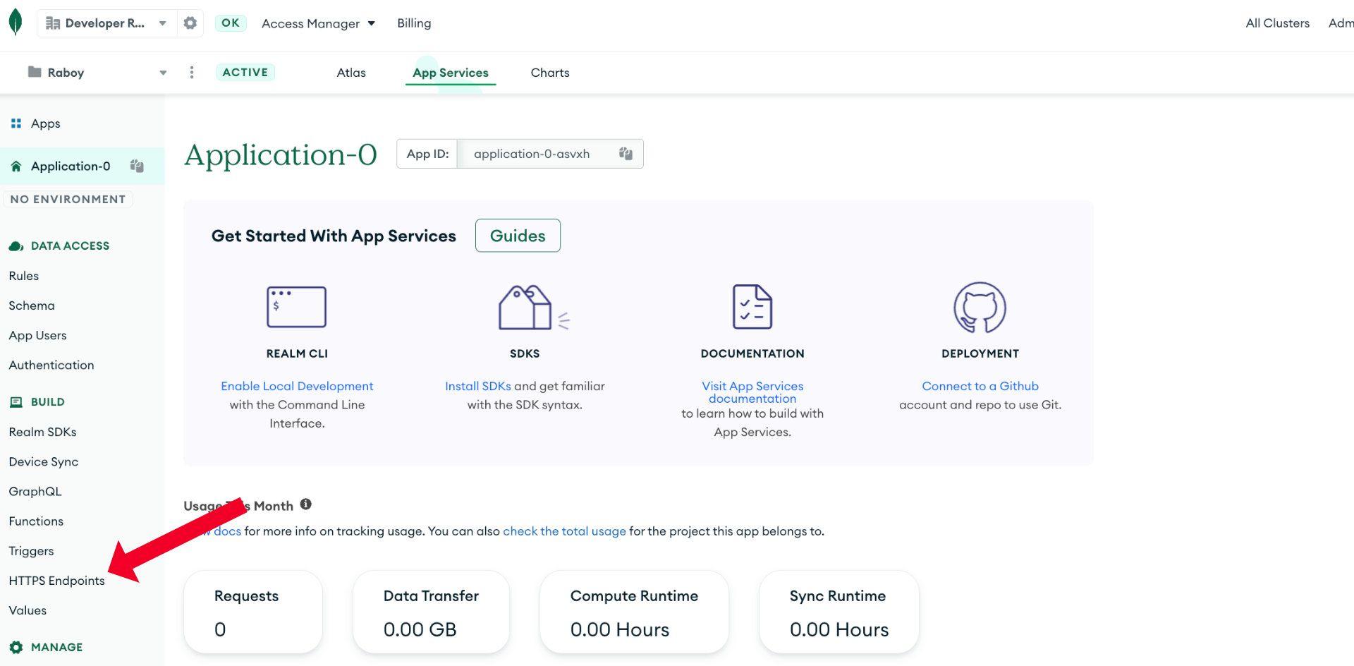 MongoDB Atlas App Services Dashboard