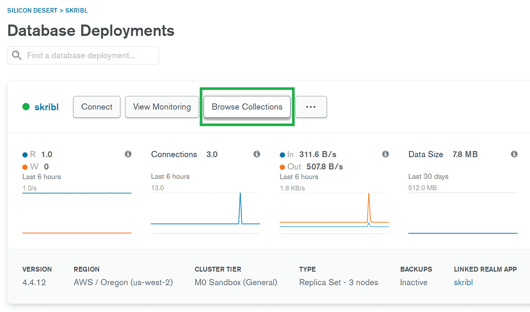 Screenshot of MongoDB Atlas UI with green outline spotlighting the "Browse Collections" button.