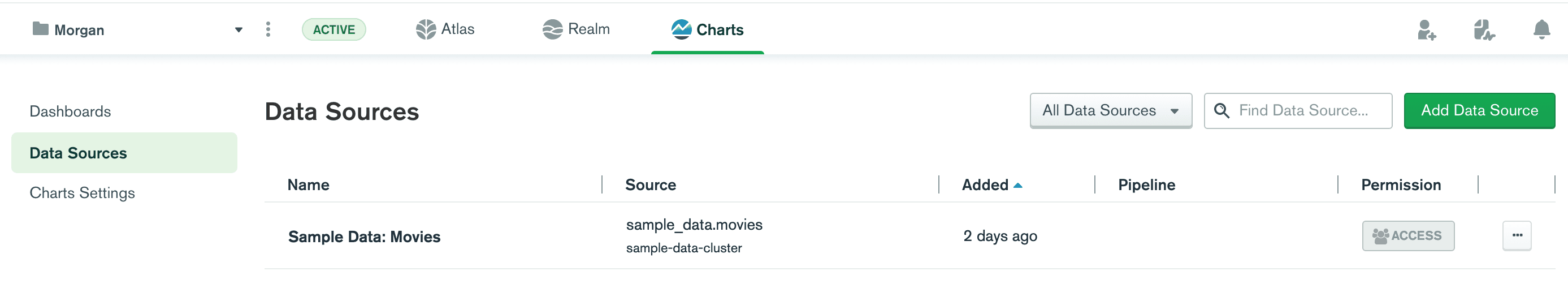 Charts screen capture of adding a new data source