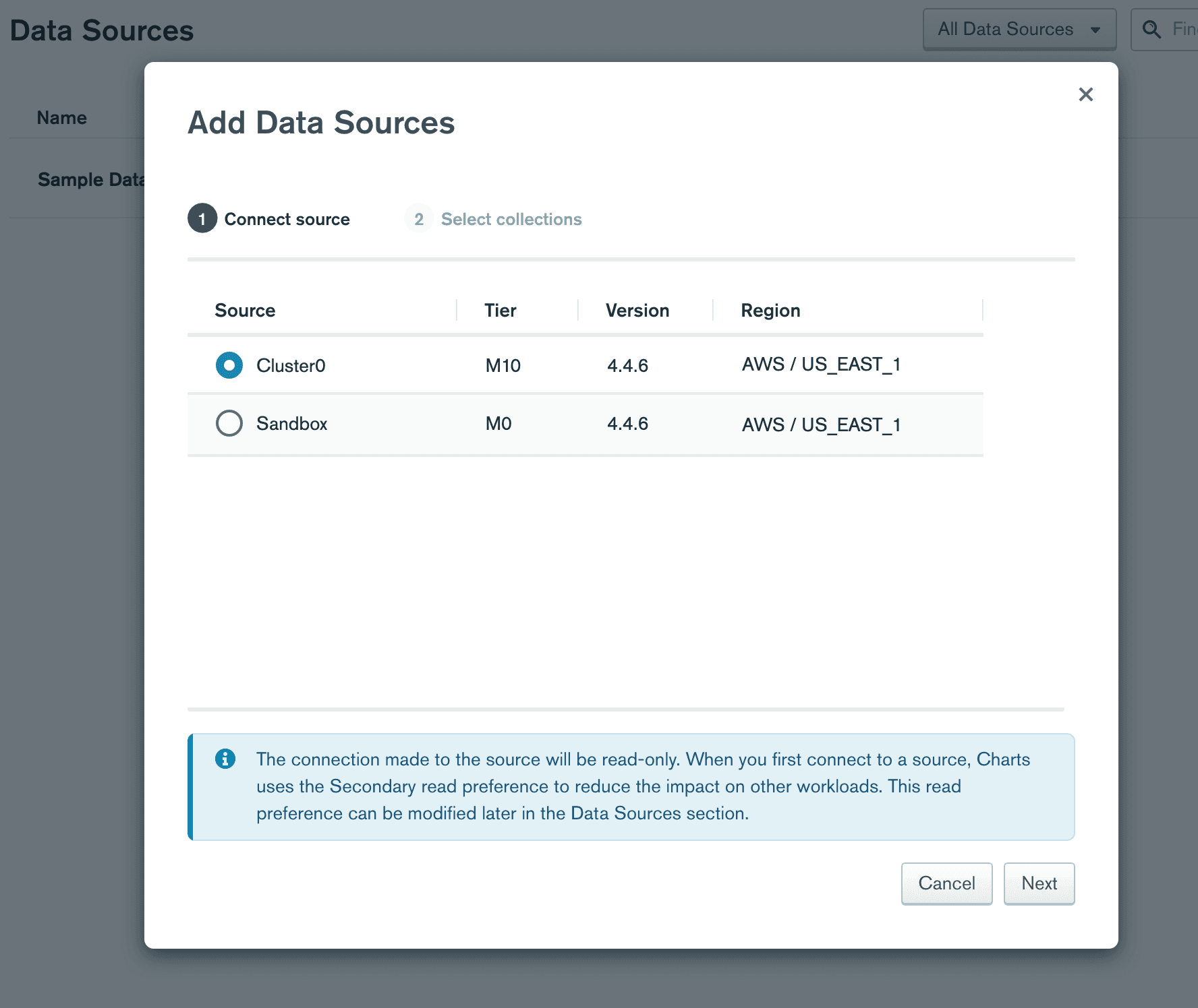 Charts screen capture of adding Atlas cluster as a data source
