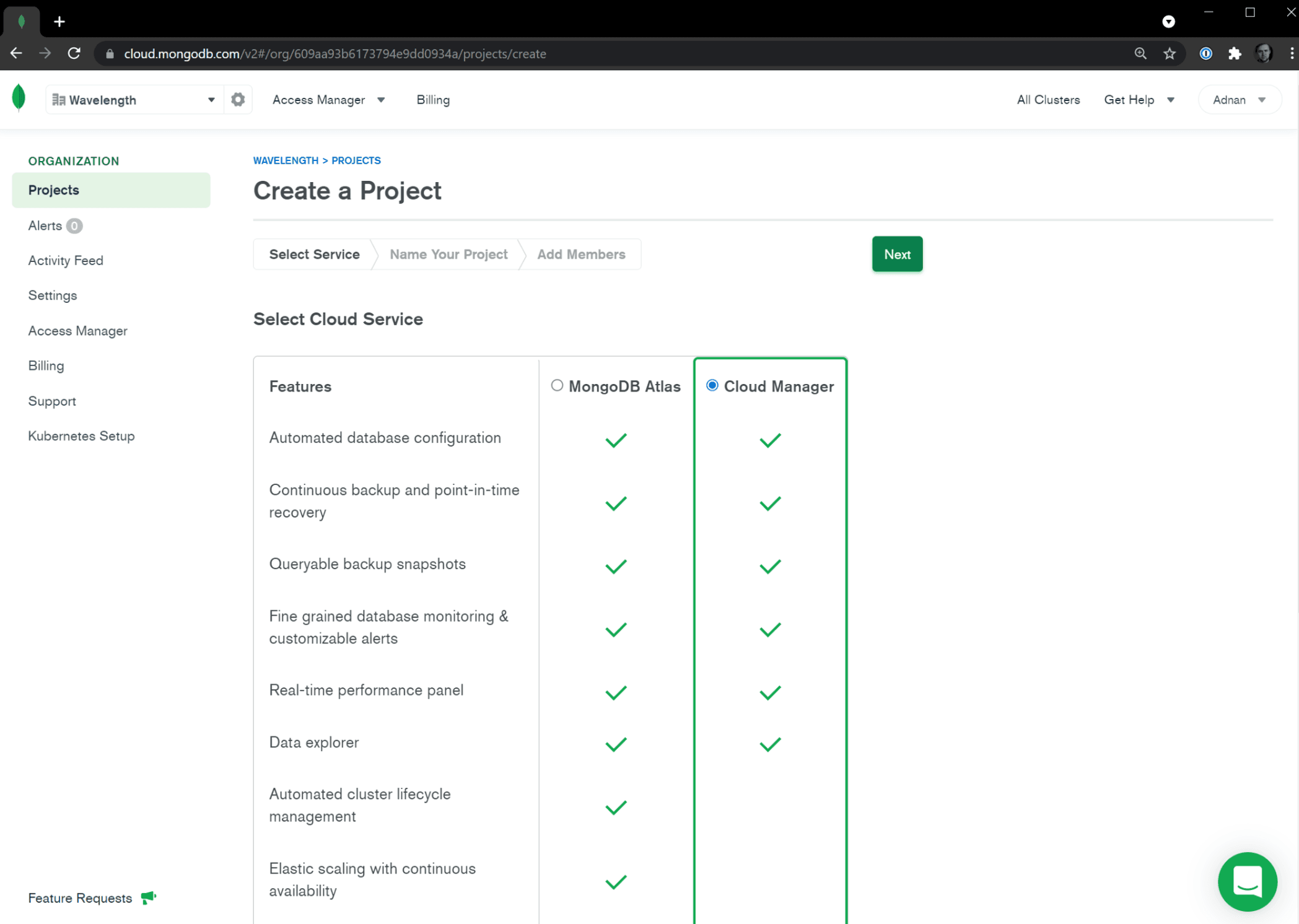 Selecting Cloud Manager on Atlas