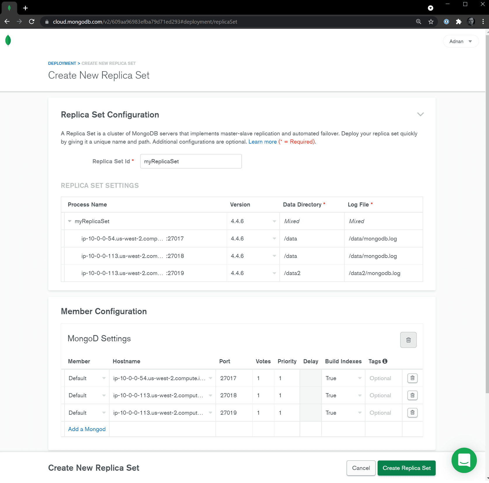 Finalize Creating a Replica Set on Cloud Manager