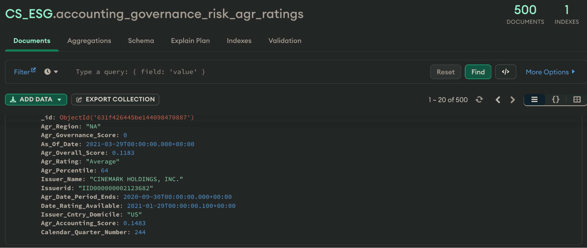 accounting_governance_risk_agr_ratings collection in MongoDB Compass