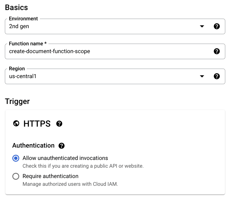 Configurações para a primeira função do Cloud