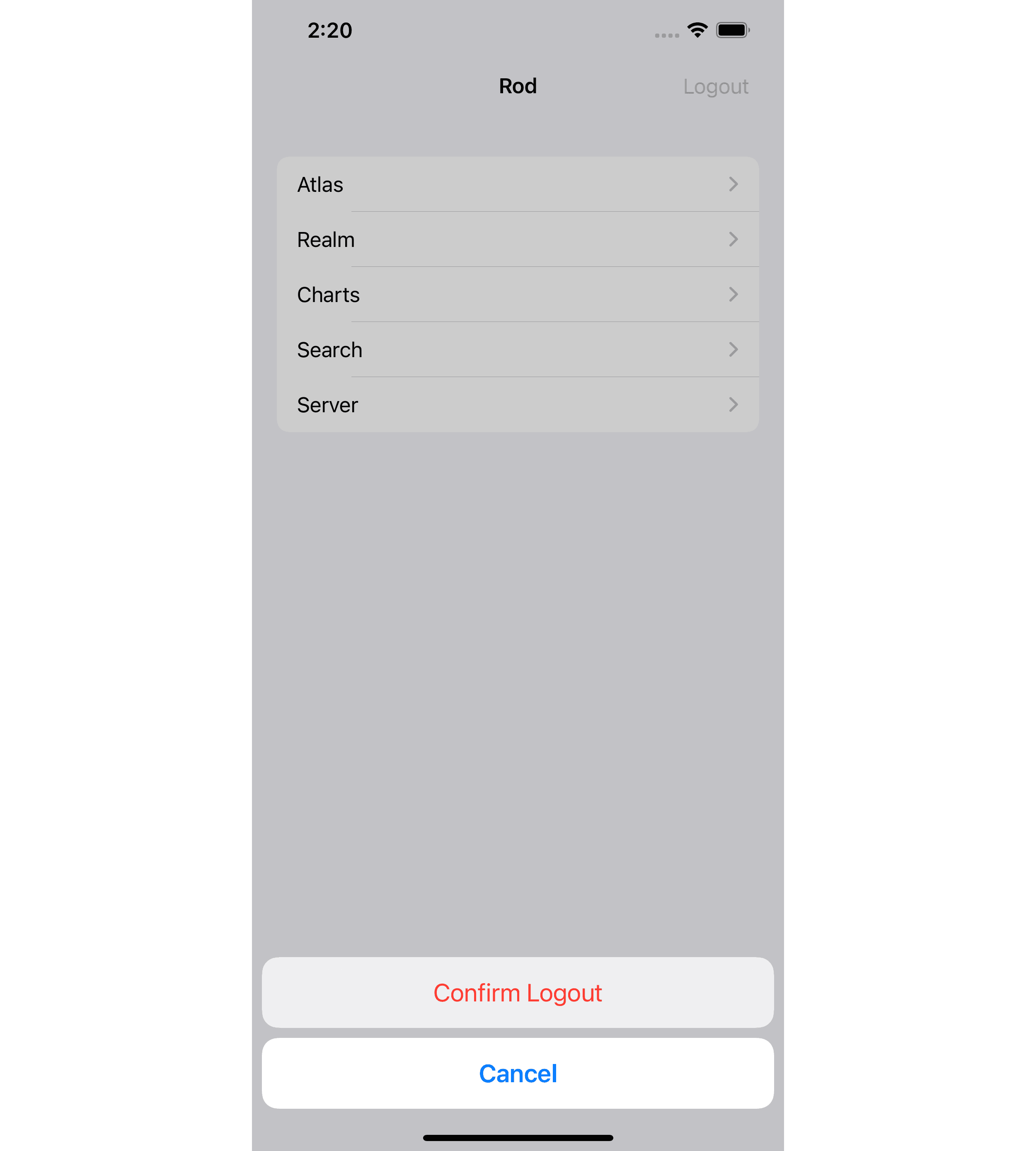Dialog for the user to confirm that they wish to log out