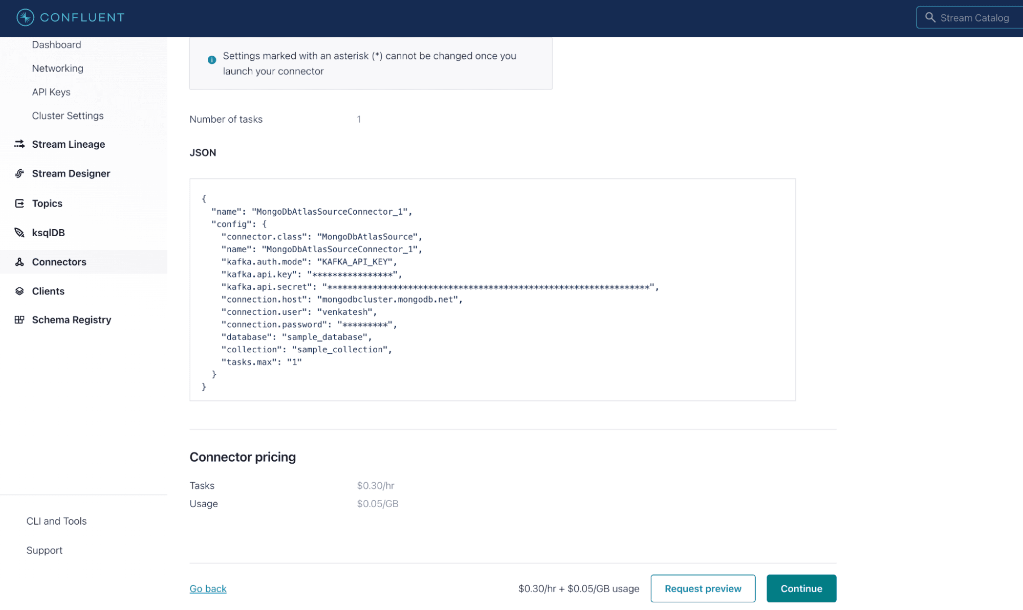 Confluent connector configuration for MongoDB source connector