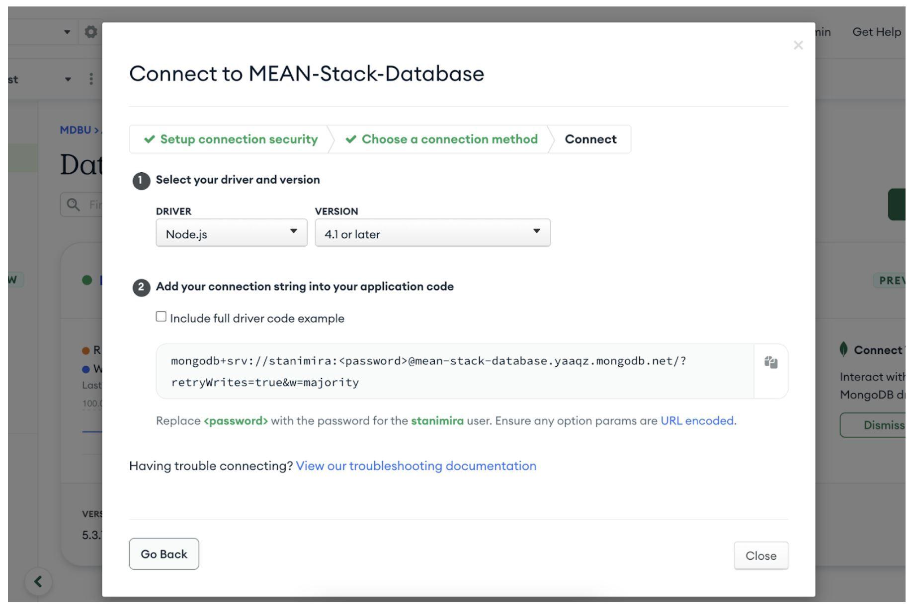 Screen showing the connection string for MongoDB Atlas
