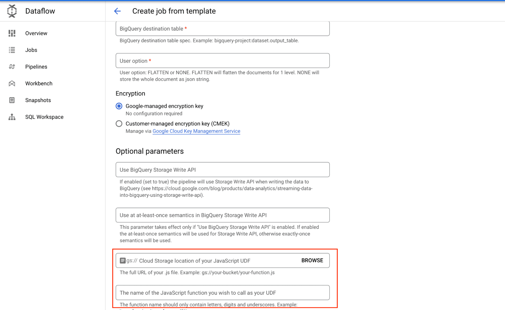 Create Dataflow Job with UDF on Google Cloud console