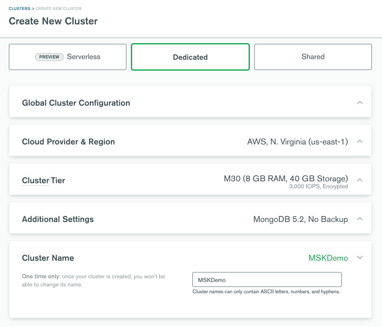 Figure 3: Create new cluster dialog