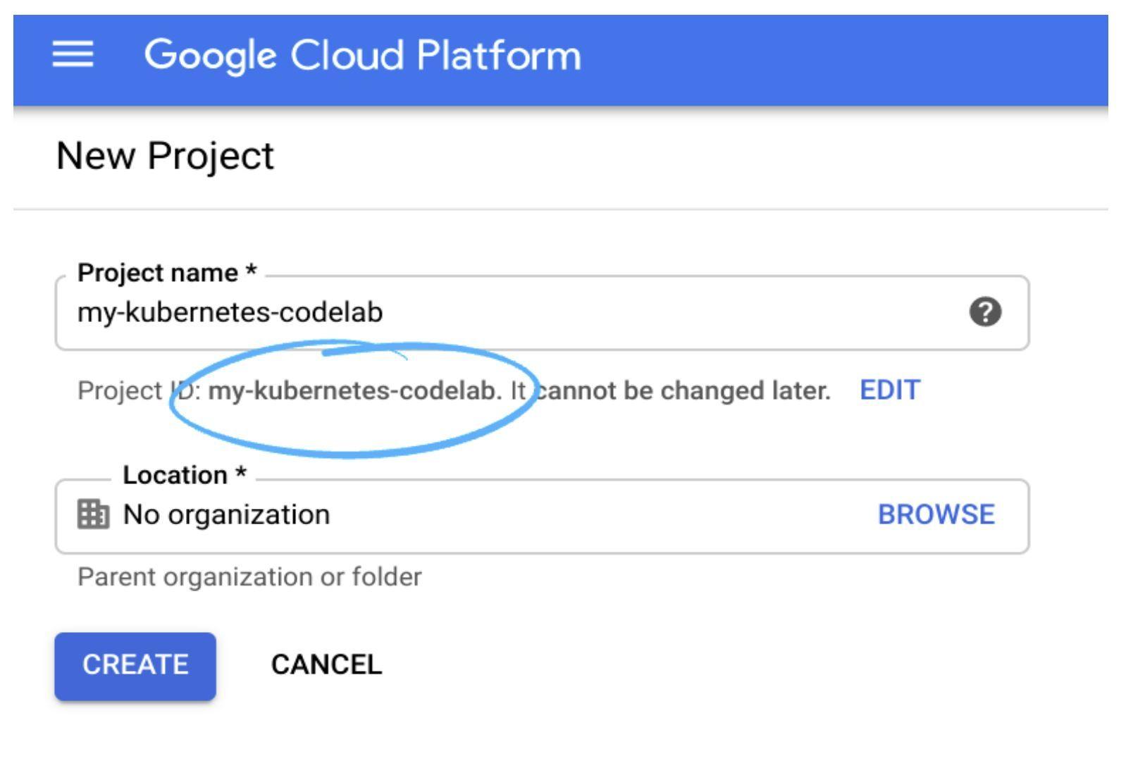 'Create a new project' configuration page in Google Cloud. The project id is highlighted.
