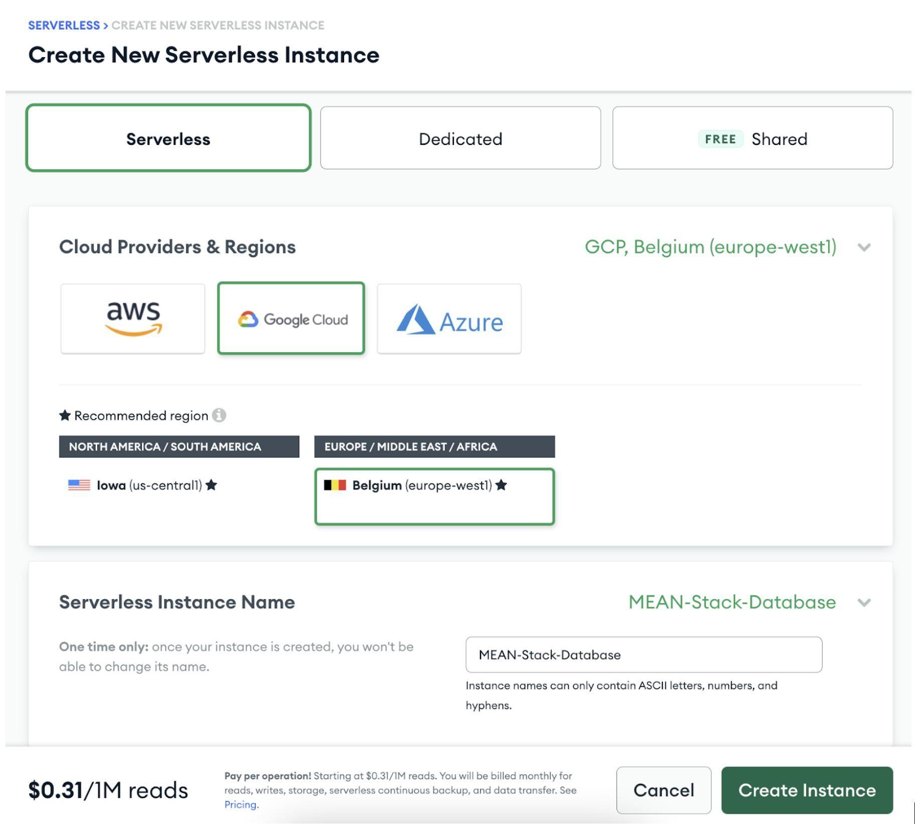 Create new serverless instance in MongoDB Atlas configuration page
