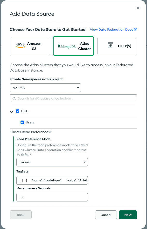 Data Federation UI showing the selection of a data source and an example of setting your read preferences and TagSets