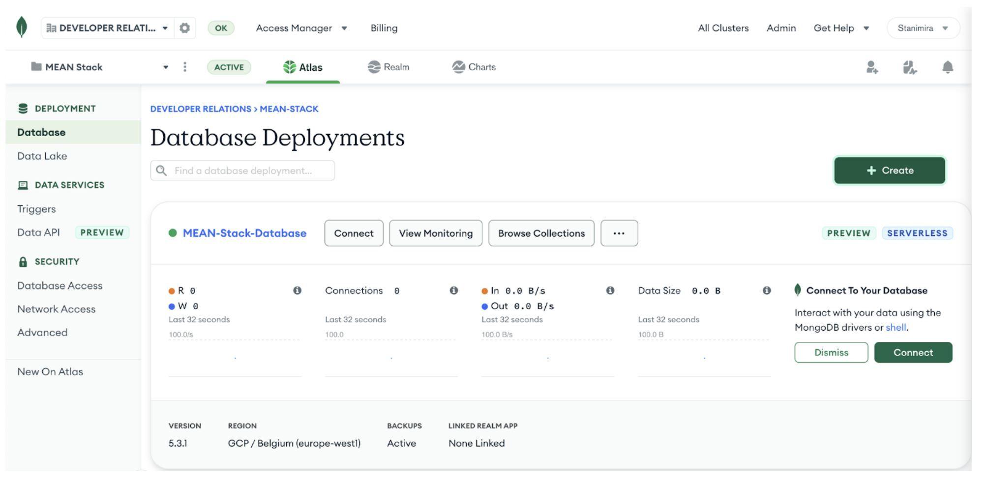 Database deployments page in MongoDB Atlas
