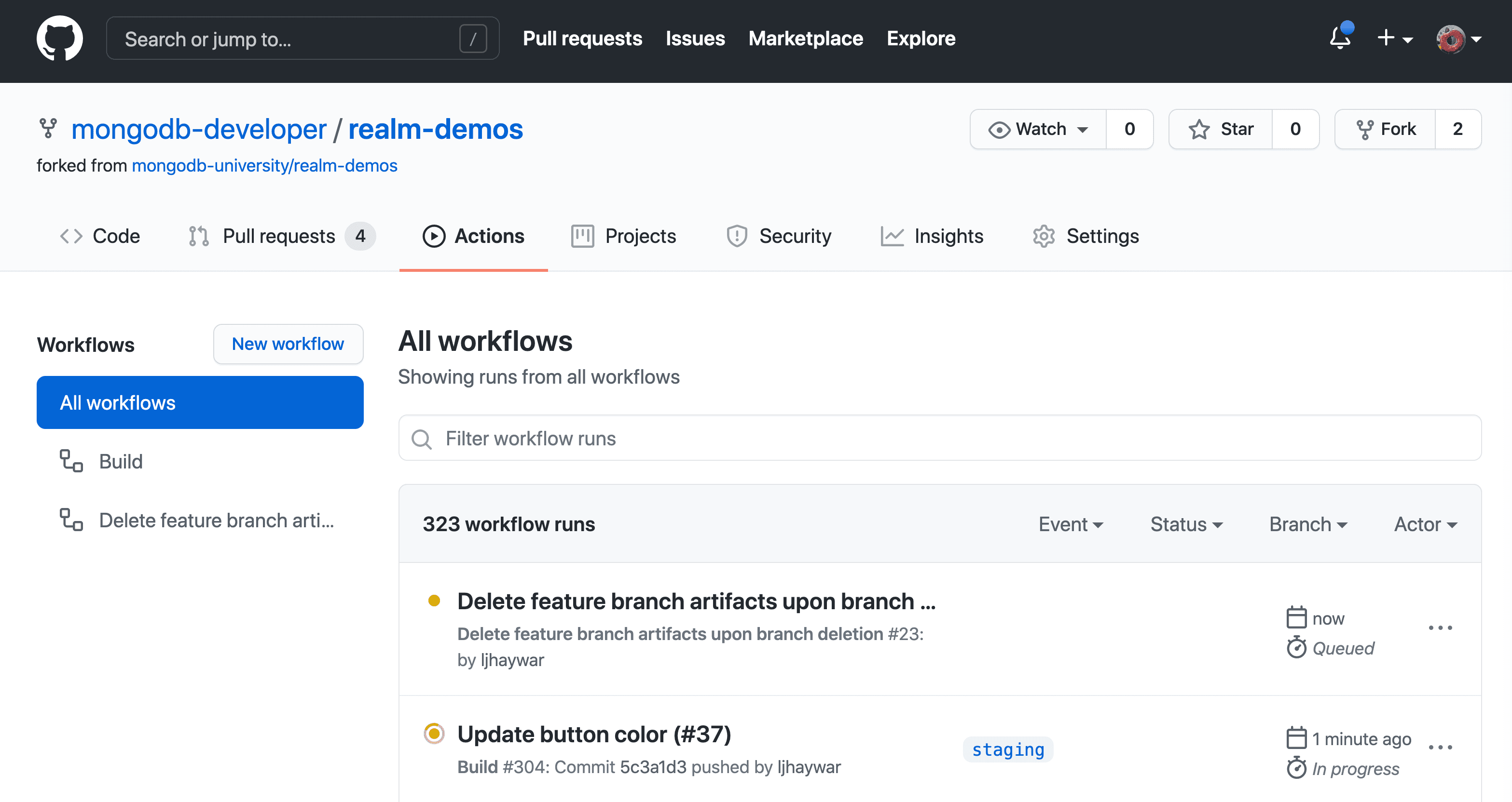 Screenshot of the GitHub Actions web interface after deleting a branch triggers a workflow