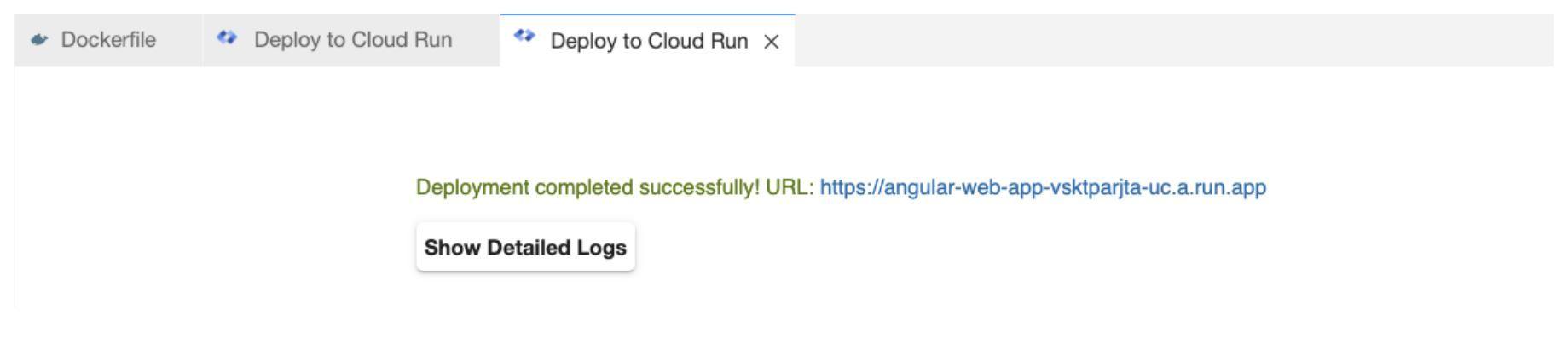 Screenshot displaying the message 'Deployment completed successfully!' and the deployment URL for the Angular service.
