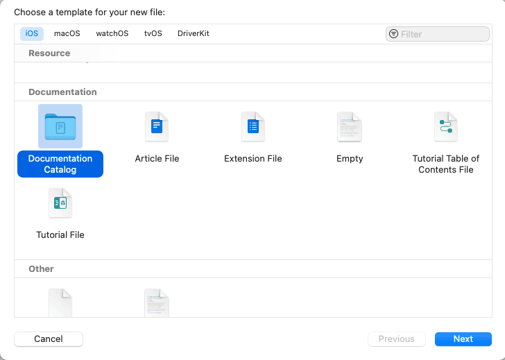 Xcode “Choose a template for your new file” window opened with “Documentation Catalog” selected