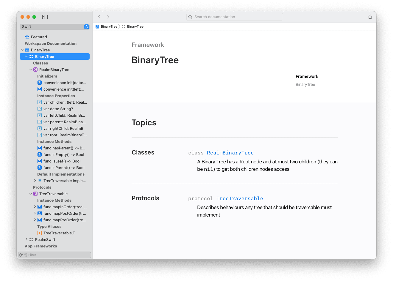 Xcode’s Documentation Browser showing the BinaryTree Framework documentation.