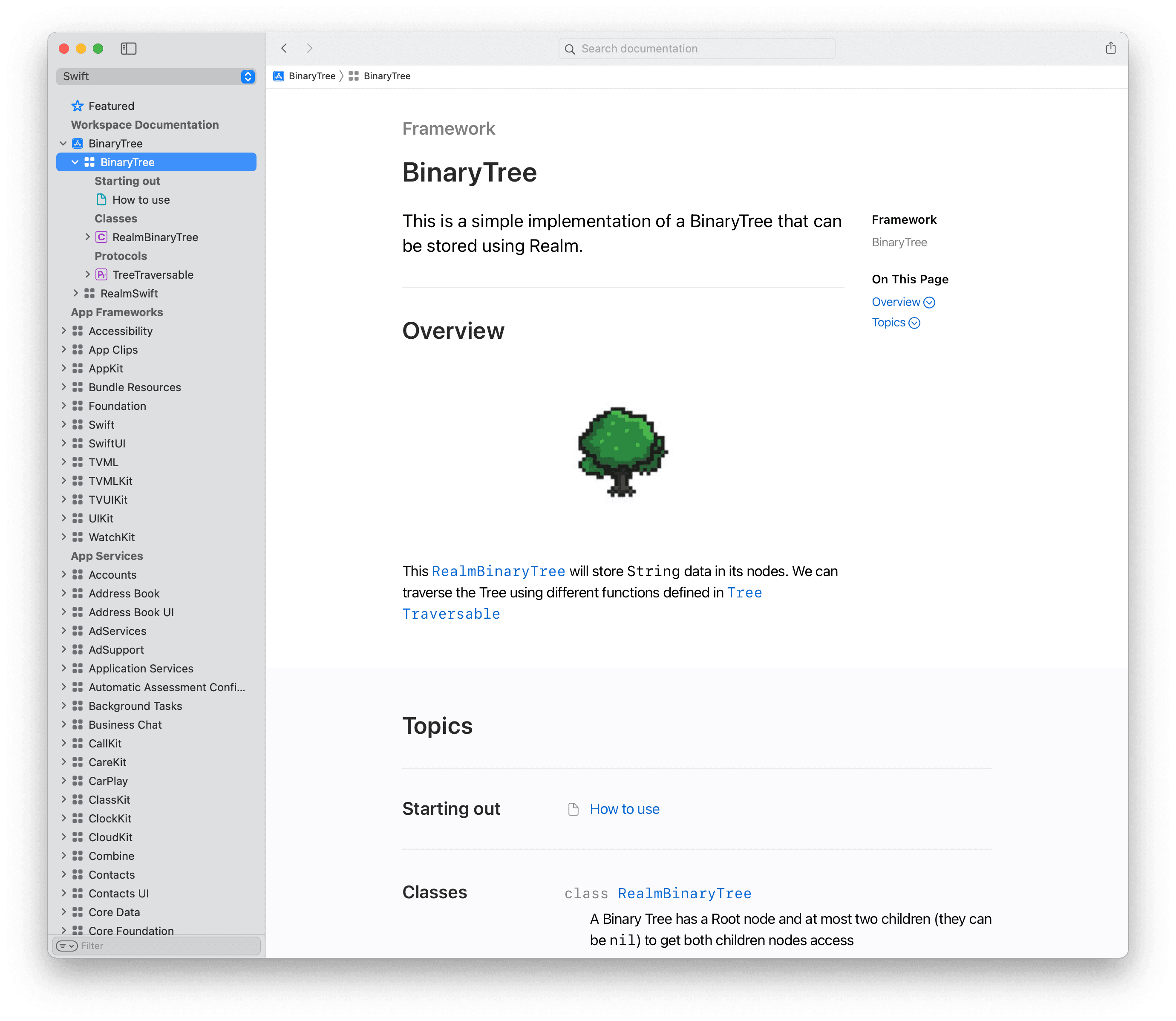 Documentation Browser showing the BinaryTree main page with an image of a tree, in pixel art style