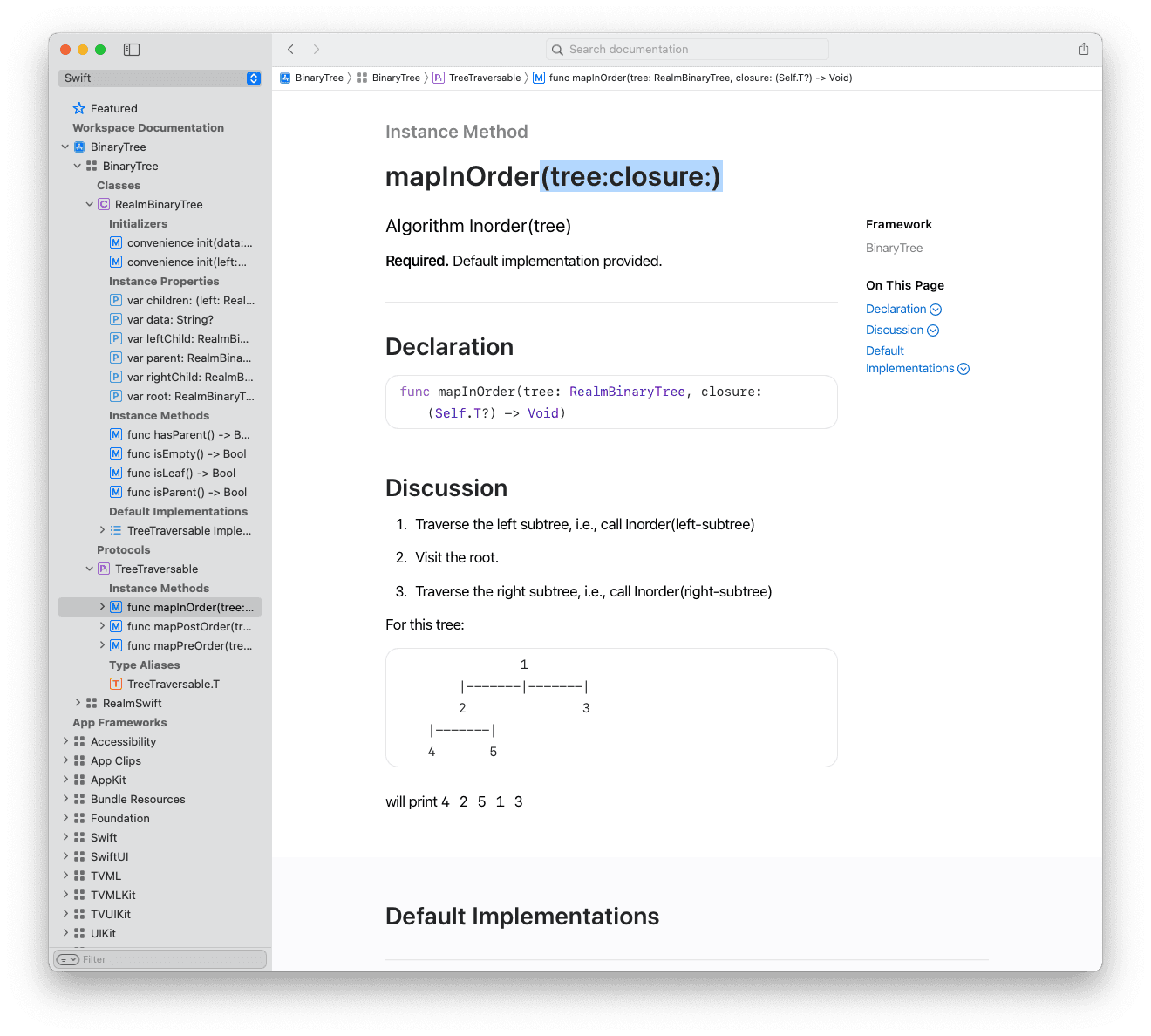 Xcode Documentation Browser showing details for the mapInOrder function