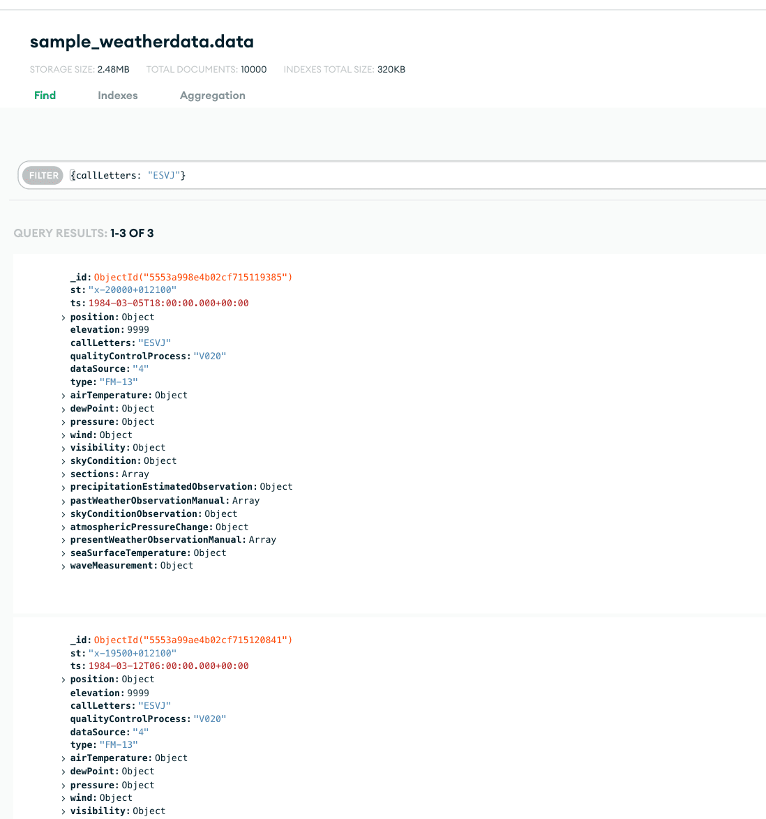 Document returned in sample_weatherdata.data collection