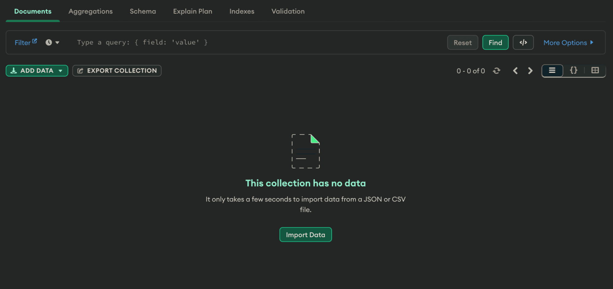 A view of the documents tab in MongoDB Compass