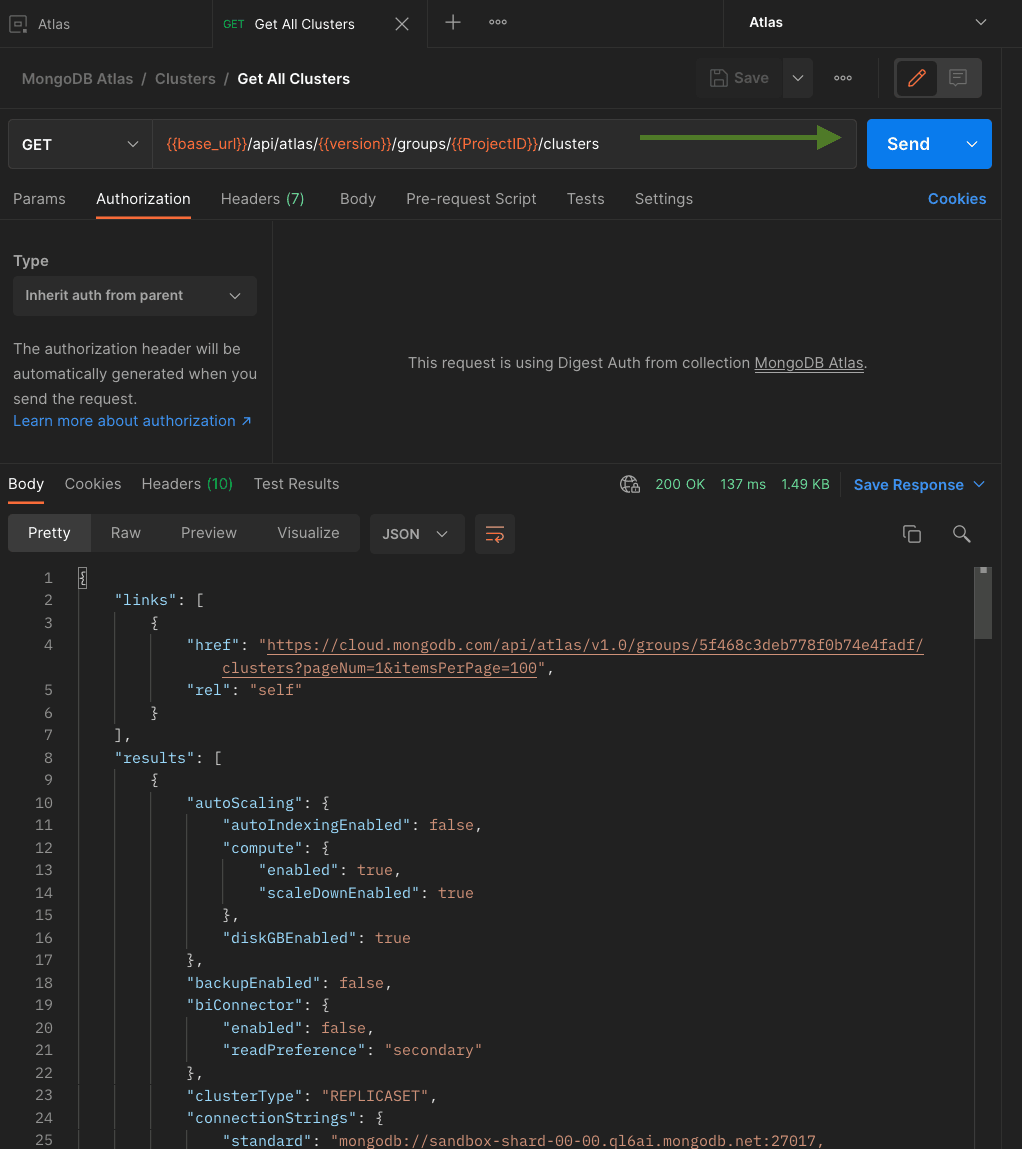 Executing API call to list all MongoDB Atlas cluster in your project.