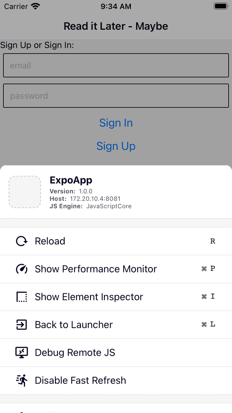 Read it Later app running, with the debug menu showing up