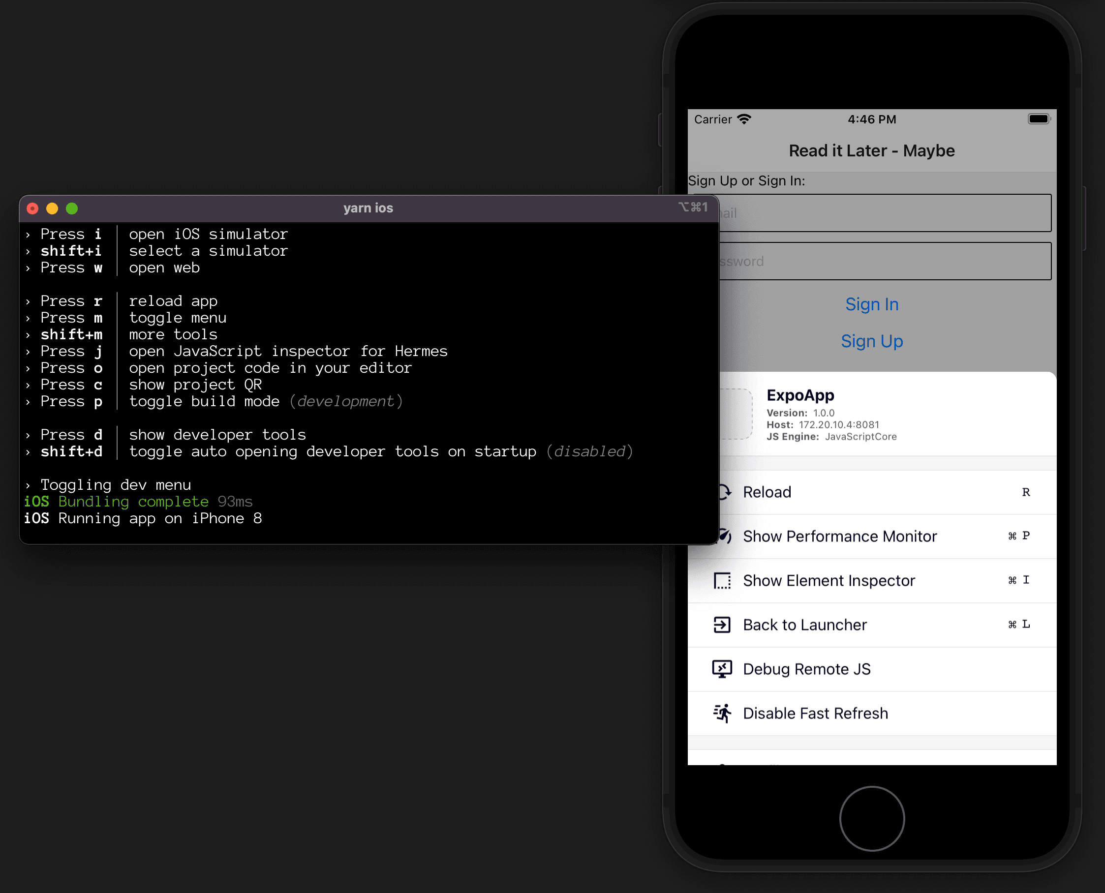 Terminal showing debug menu. At the back, there's an iOS simulator, showing the Expo debug menu after pressing m.