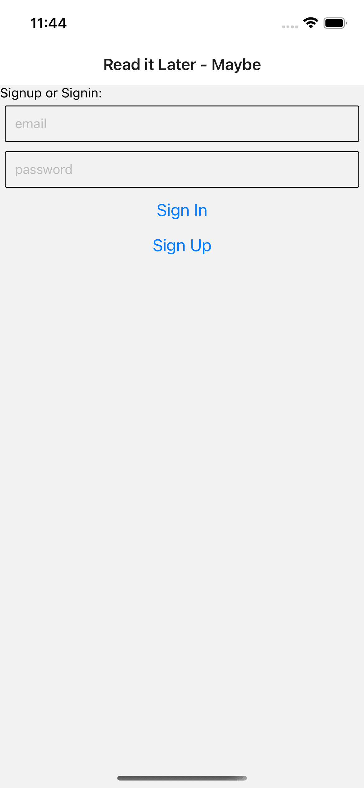 Login/Signup screen with email and password fields