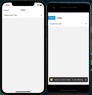 Animation showing how adding a Link in an iOS Simulator appears in an Android Emulator. After that, deleting on Android makes data disappear also in iOS.