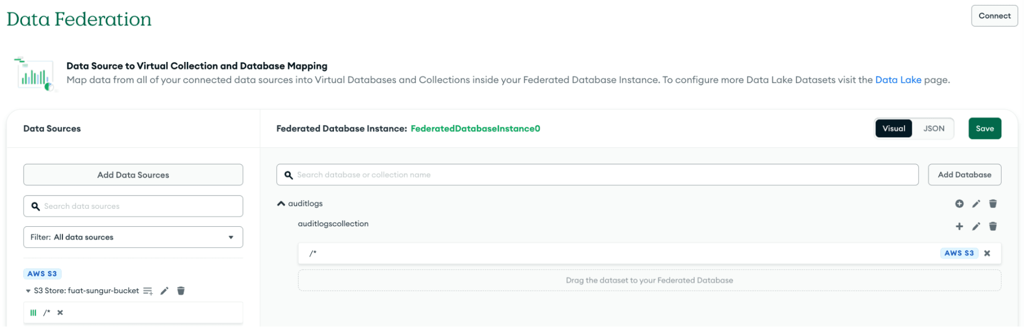 Defining Data Source and database (virtual) and collections (virtual) in the federated database instance