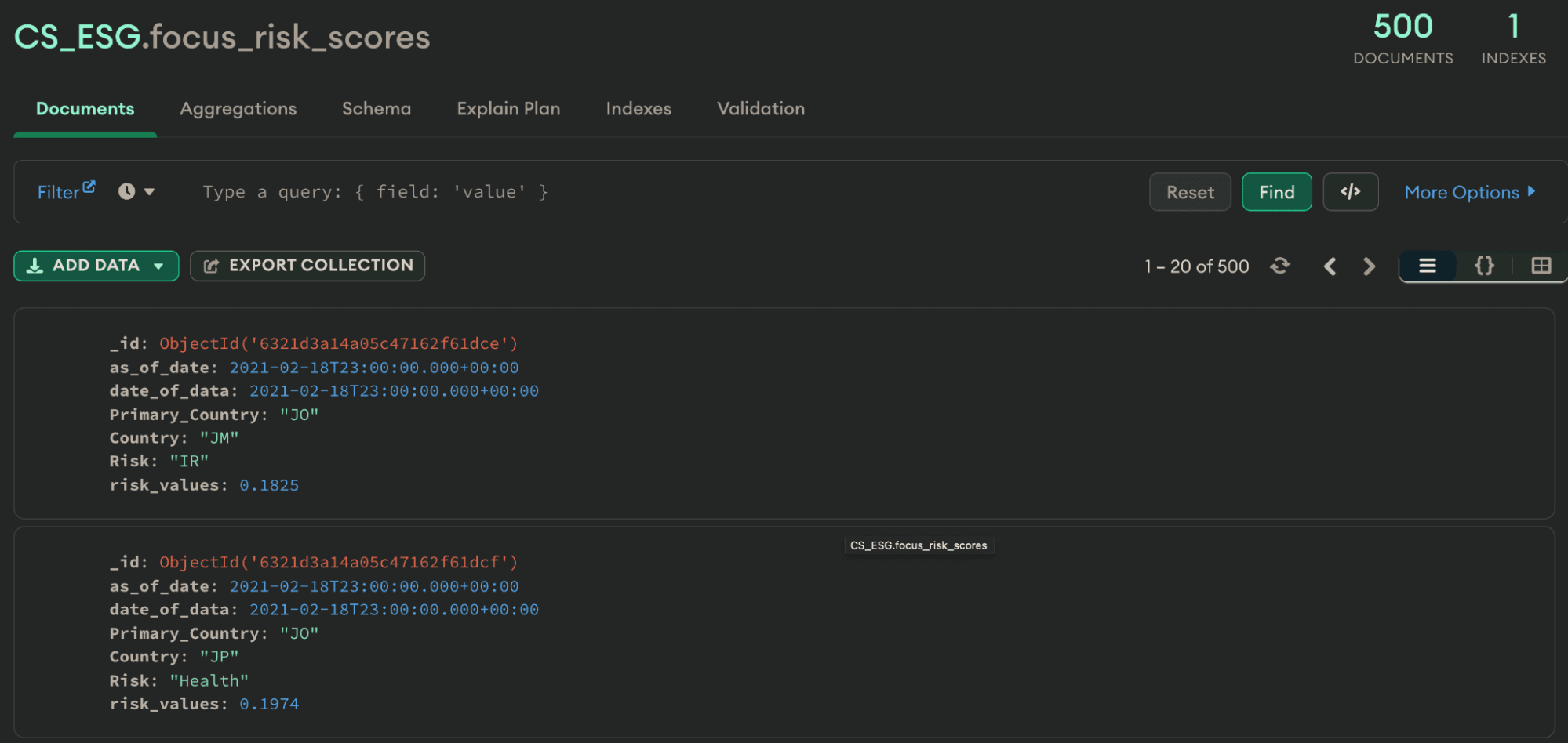 focus_risk_scores collection in MongoDB Compass