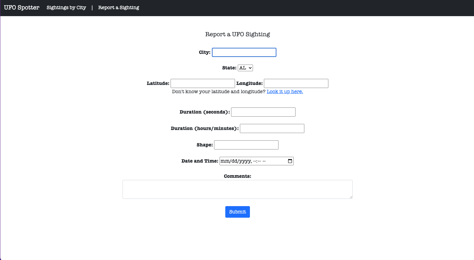 A web page displaying a form where the website visitor can submit a report of a UFO sightings