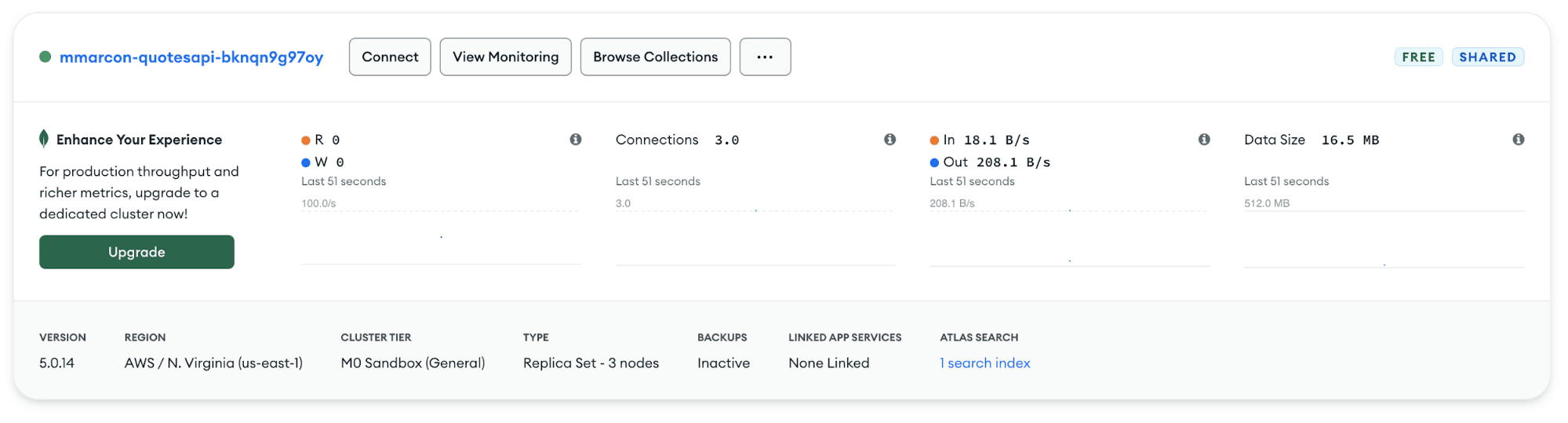 a free Atlas cluster gets automatically created when the Gitpod workspace starts up