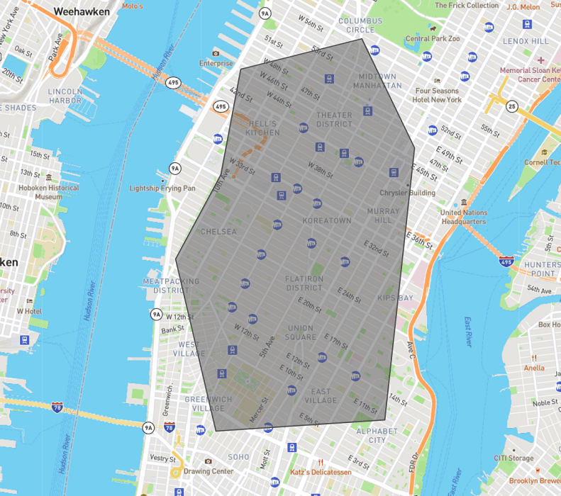 Map view of New York City showing a shaded area.