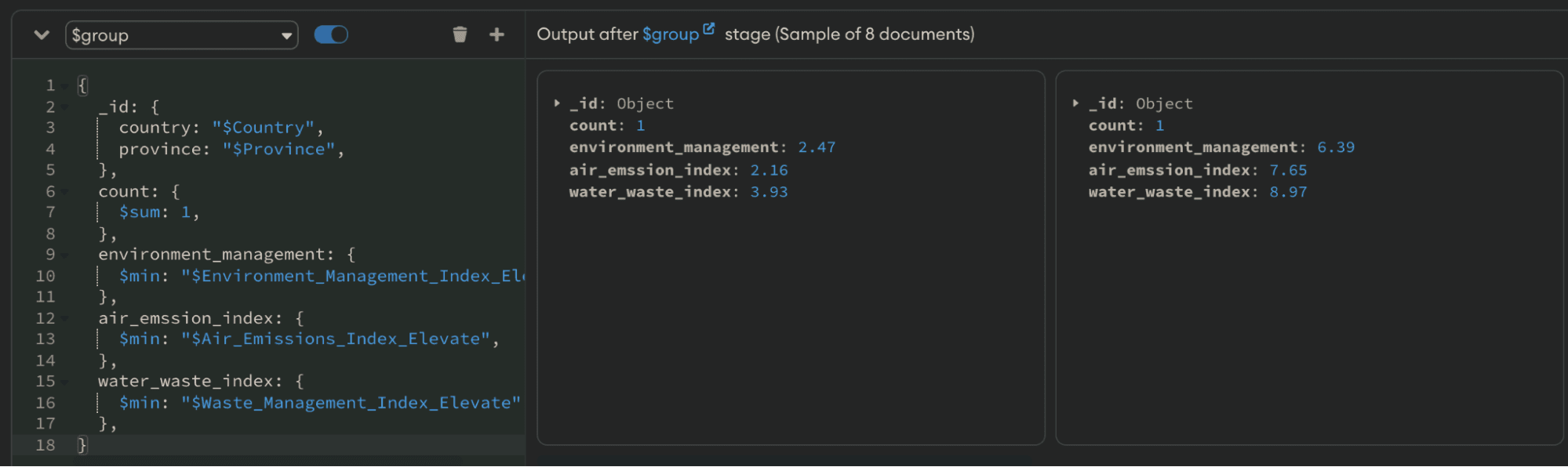 $group stage run in MongoDB Compass