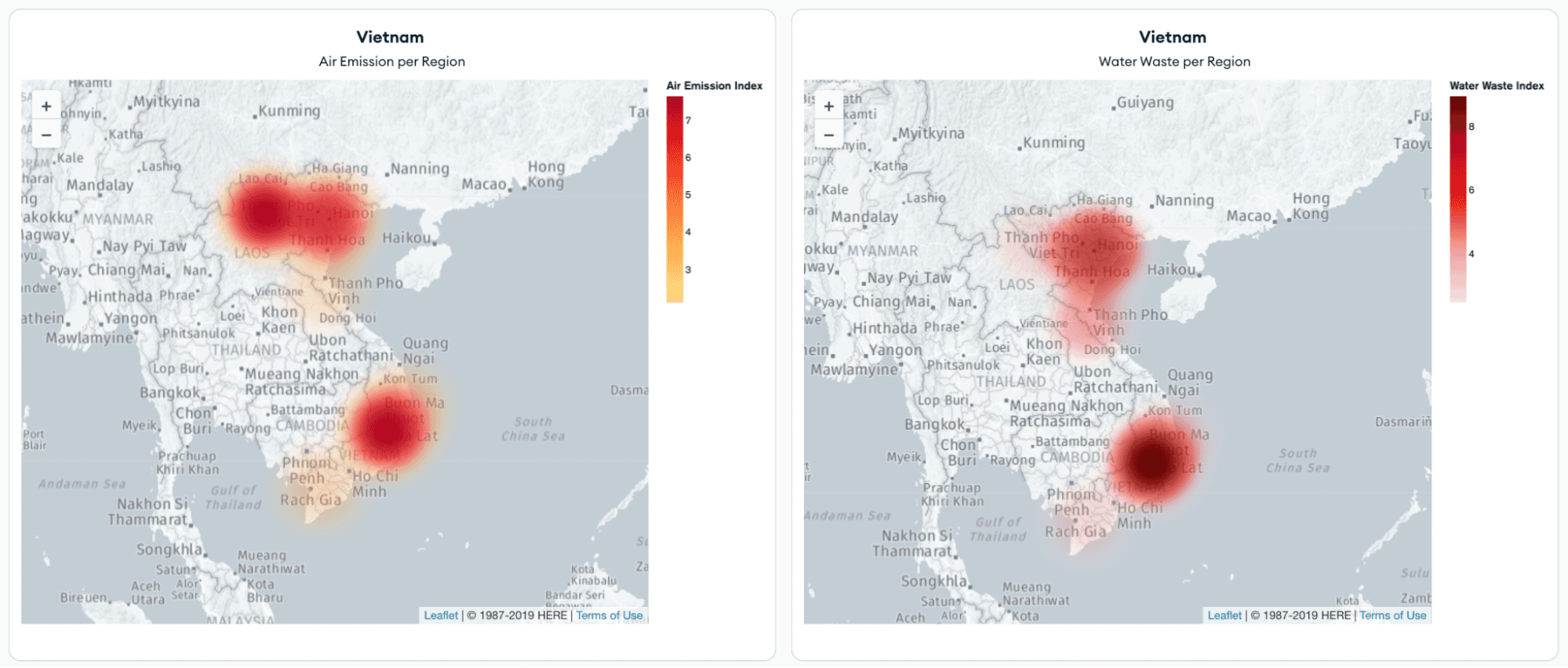 Heatmaps of Environment, Air Emission, Water Waste Indexes in Vietnam in MongoDB Atlas Charts