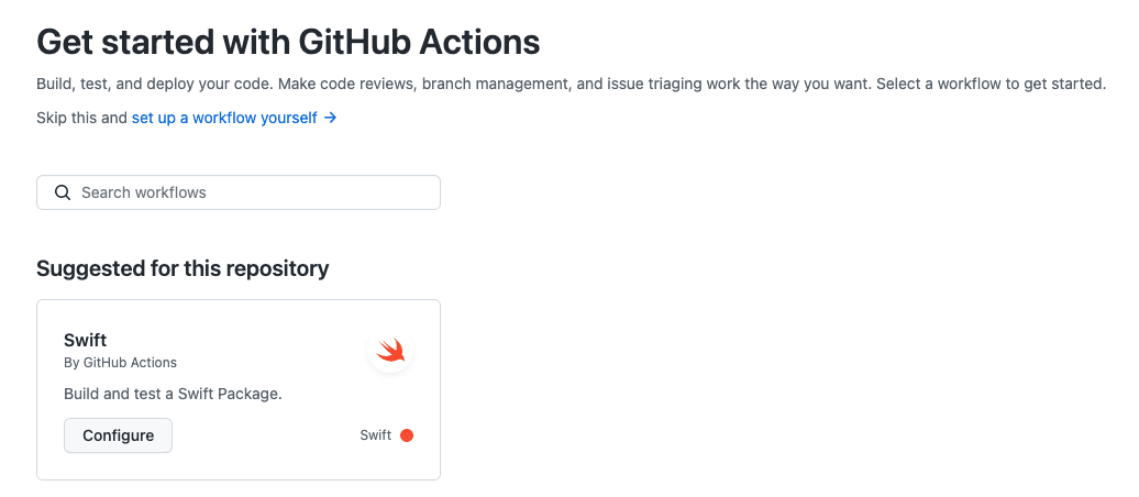 Get started with GitHub screen, showing a “Suggested for this repository” Action for Swift projects.