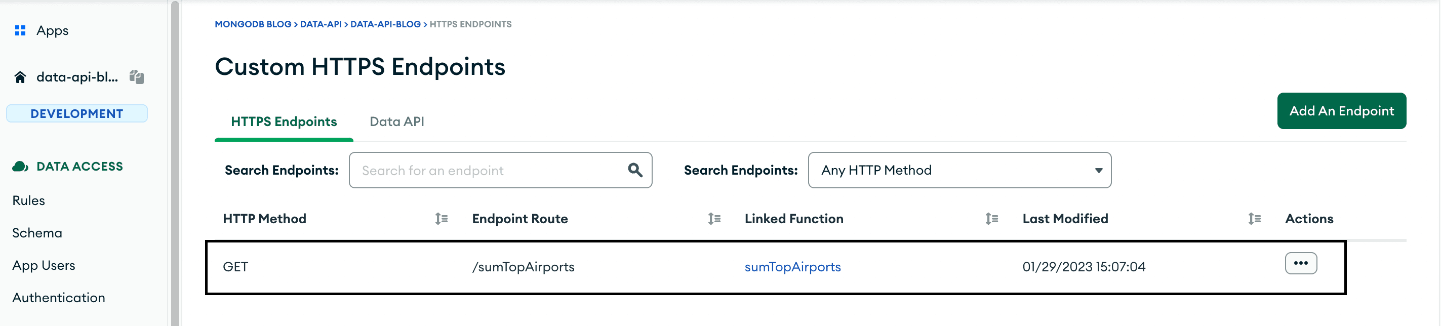 custom HTTPS endpoint is now visible in the Atlas UI