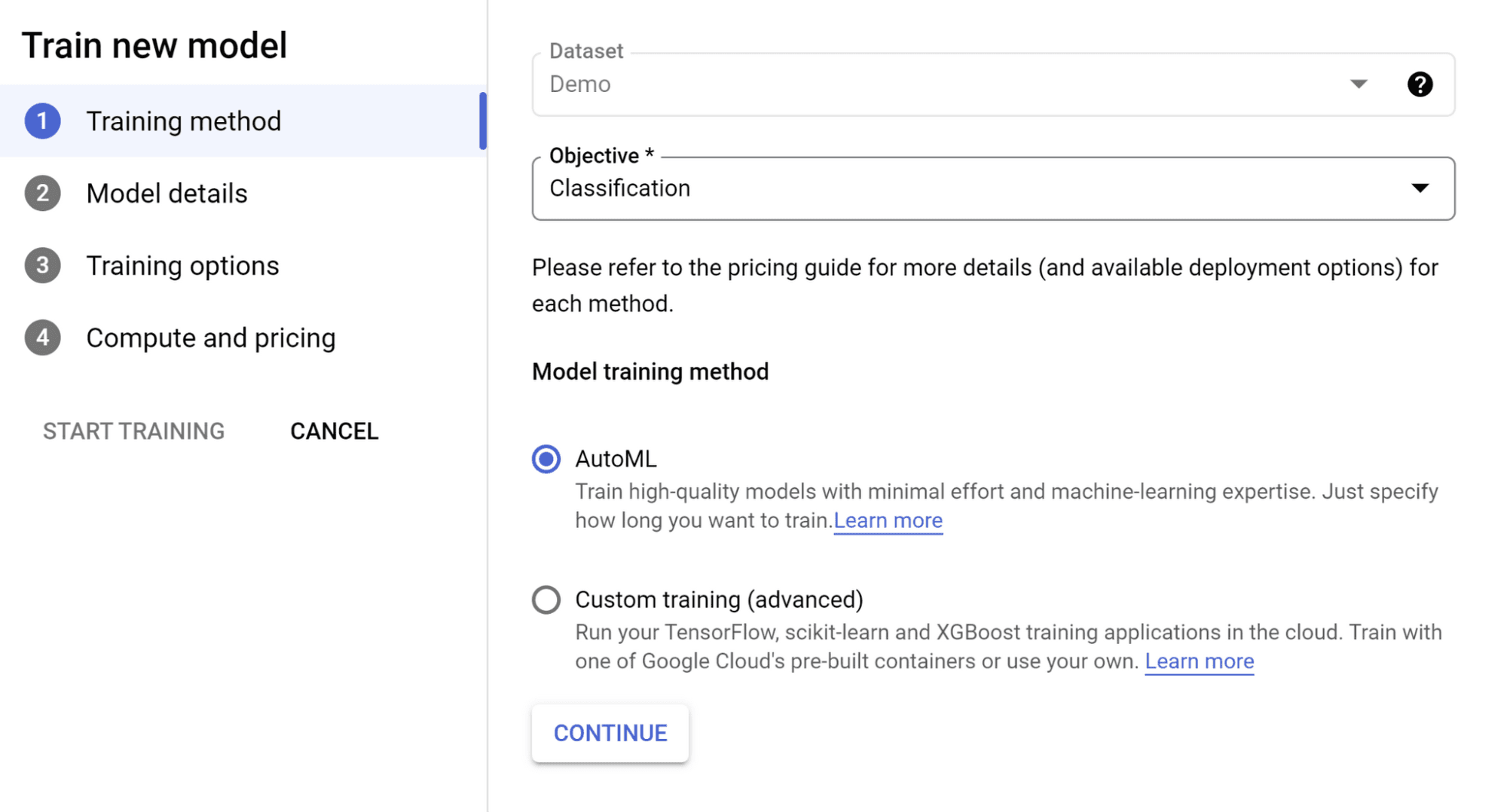 Screenshot of the 'Training method' section in the 'Train new model' page in Vertex AI