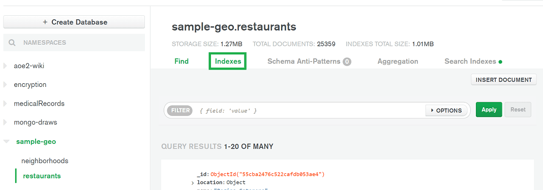 Screenshot of MongoDB Atlas UI with green outline spotlighting the "Indexes" tab.