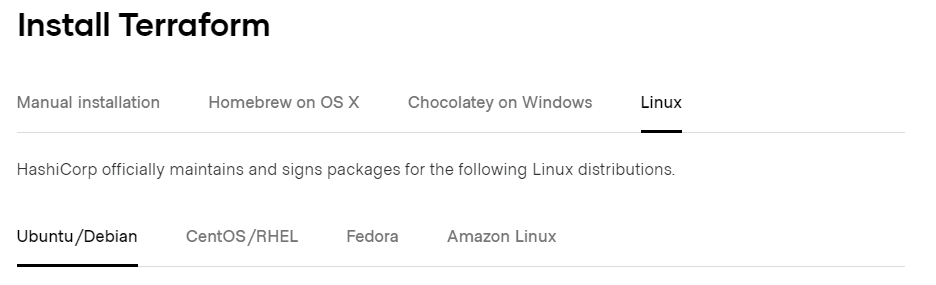 Install Terraform, Homebrew on OS X, Chocolatey on Windows, Linux