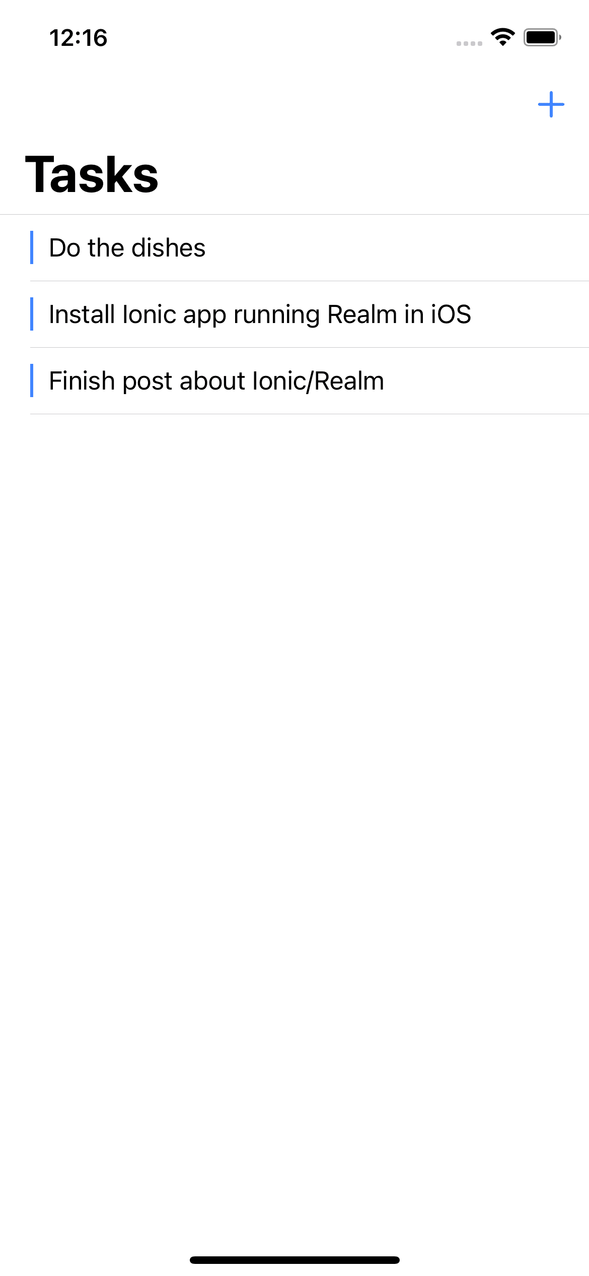 Tasks already entered in the iOS app, one for “Do the dishes”, another for “Finish post about Ionic / Realm” and last one “Install Ionic app running Realm in iOS”