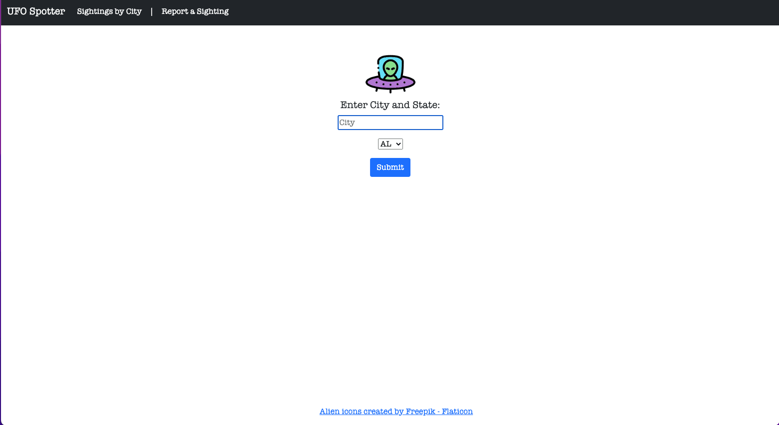 The landing page on the UFO Spotter website where the website visitor can enter a U.S. city and state and look up reports of UFO sightings